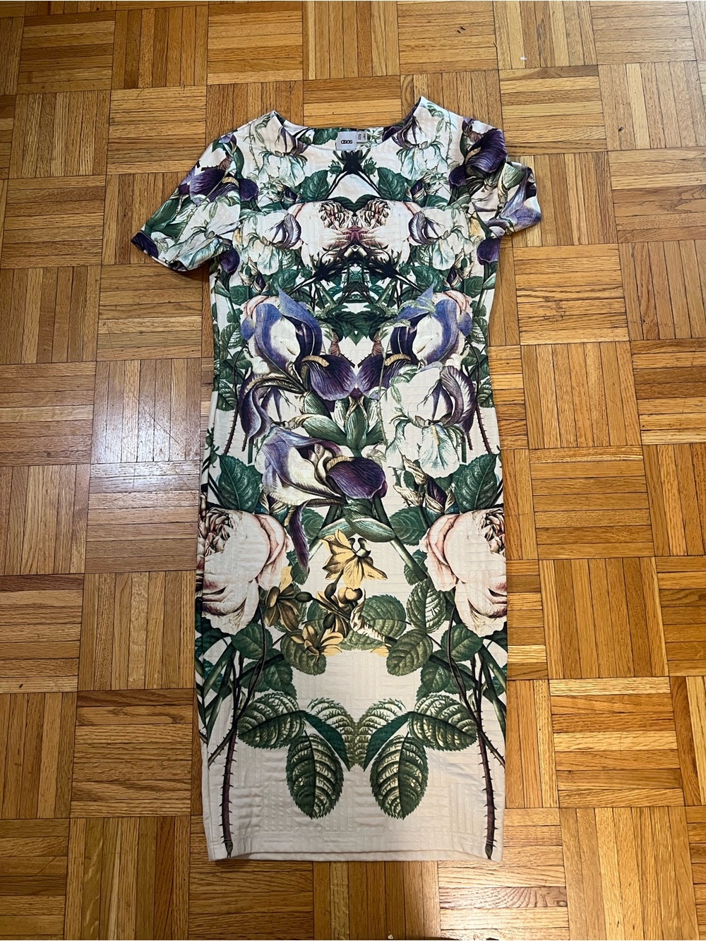ASOS Cream Floral Bodycon Dress with Purple and Green Accents size UK 12